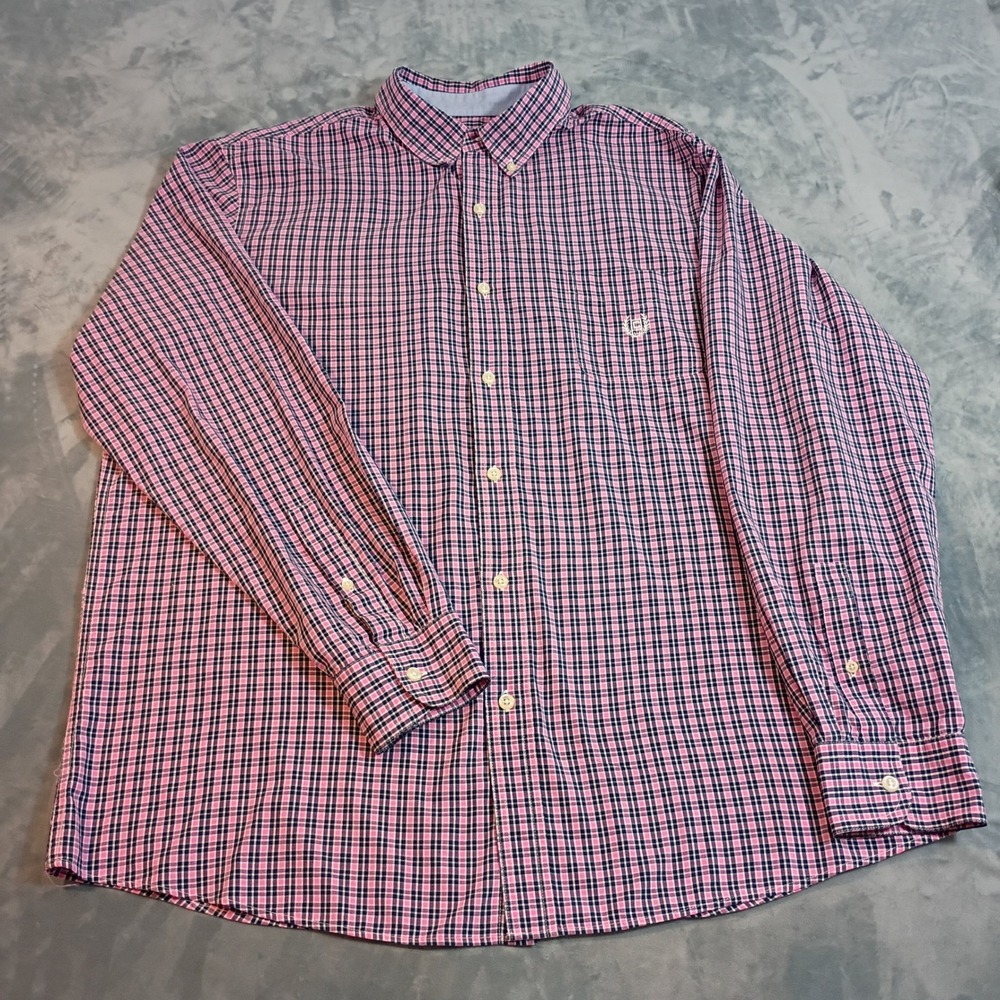 Chaps Mens XL Pink Navy Blue Plaid Easy Care Button Down Shirt Long Sleeve Logo